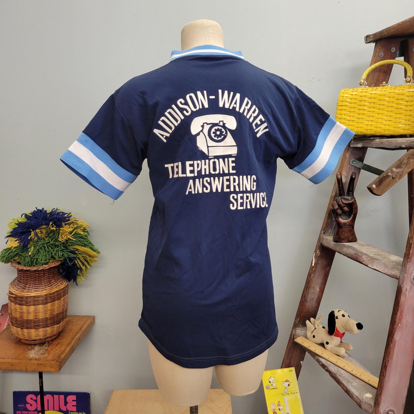 vtg 70s RETRO TELEPHONE COMPANY Uniform / vintage new era knitting mills medium womens stripe collared bowling team shirt phone operator top