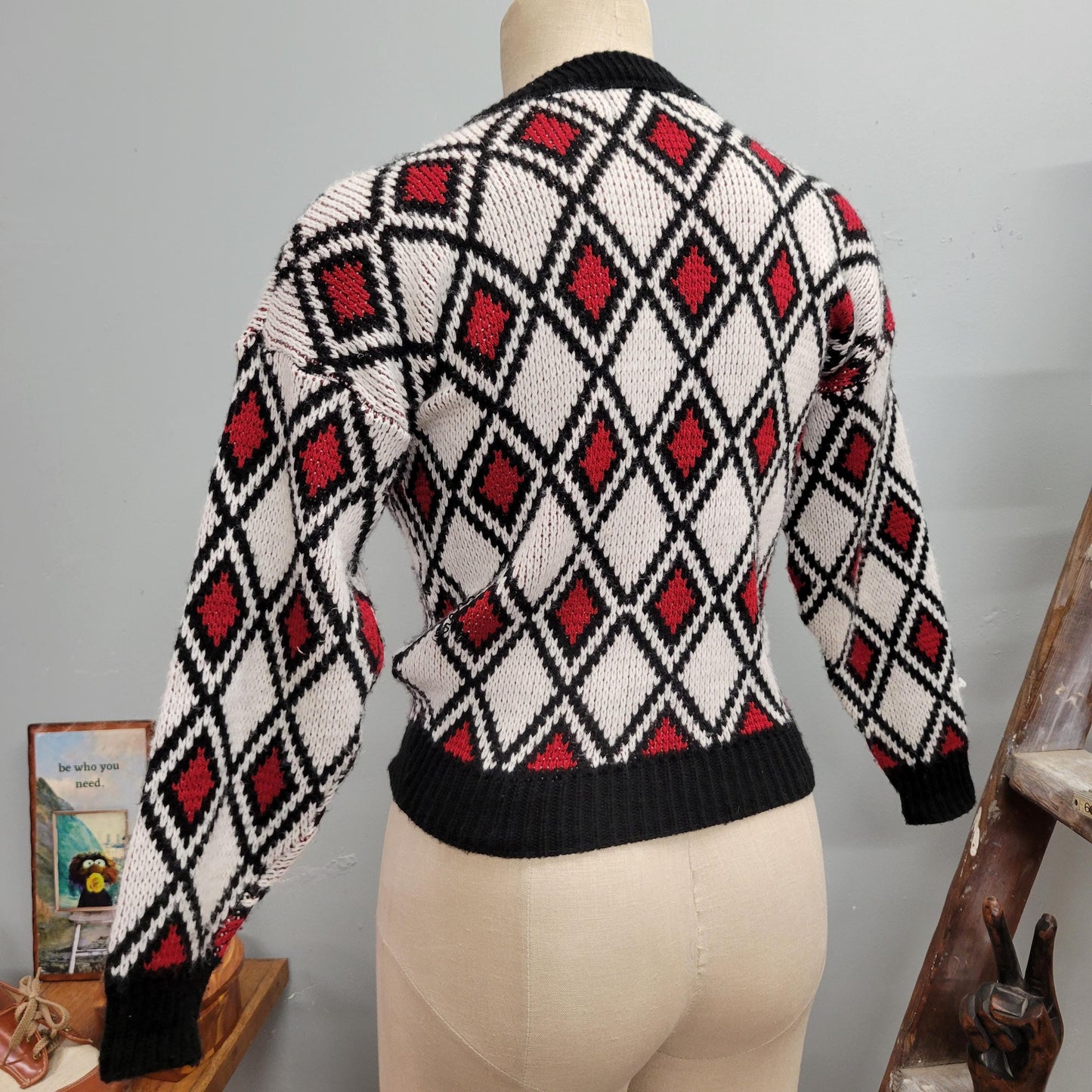 vtg 80s BRIGHT ARGYLE CARDIGAN // vintage sweater montebello youth large adult s cropped v neck sweater mod retro autumn petite fitted top