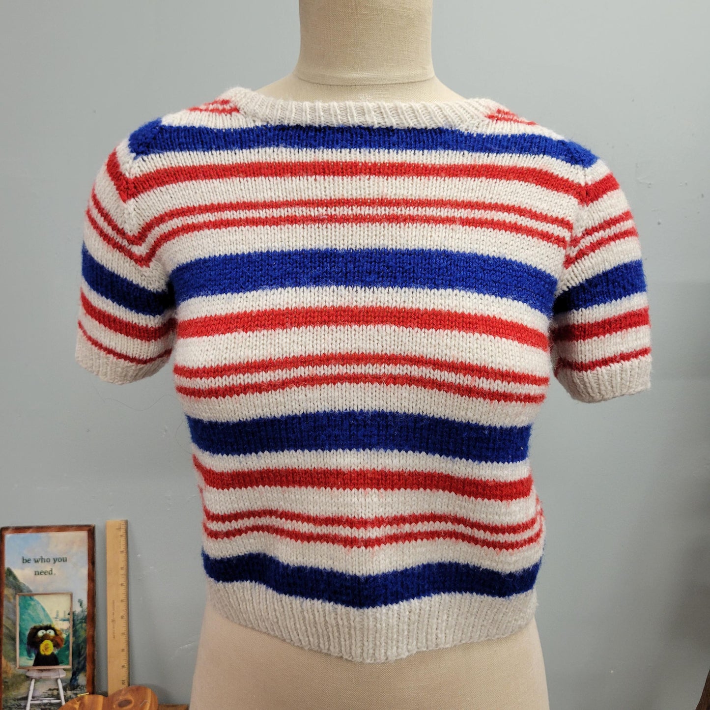 vtg 70s STRIPED KNIT TOP // vintage hand made by grandma small tshirt sweater crochet mod style cropped sweater short sleeves retro cute fit