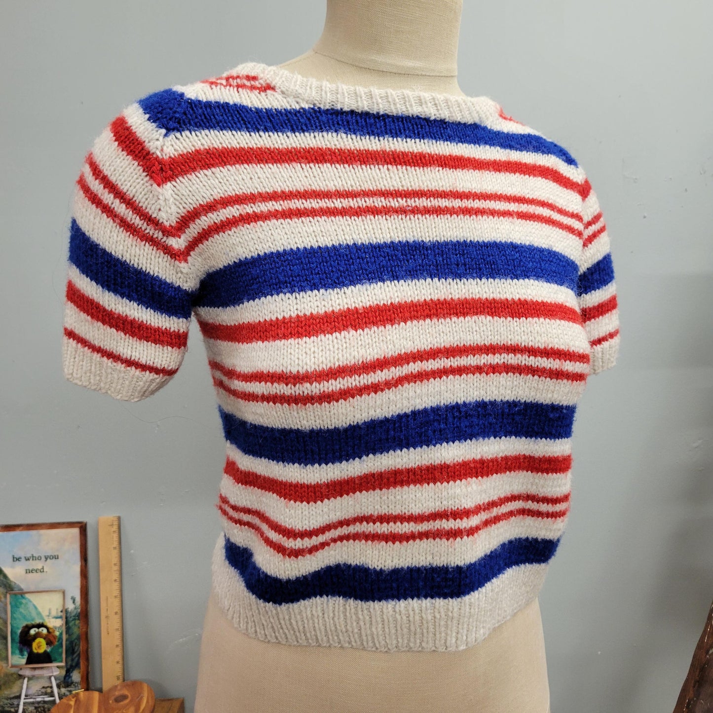 vtg 70s STRIPED KNIT TOP // vintage hand made by grandma small tshirt sweater crochet mod style cropped sweater short sleeves retro cute fit