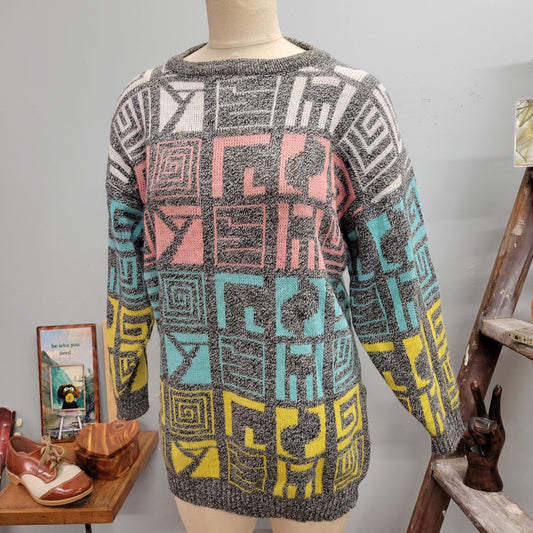 vtg 80s PASTEL GEOMETRIC SWEATER // vintage jolie new york womens large oversized long knit sweater abstract pattern aop cute pastel colors