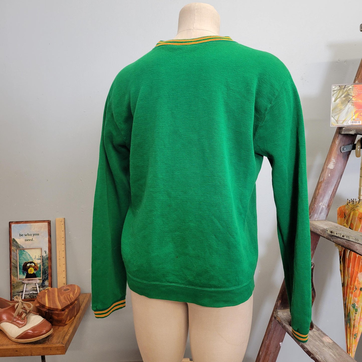 vtg 70s GREEN STRIPED SWEATSHIRT // vintage mens large retro orlon thick crewneck kurt cobain mod grunge sweater autumn casual fall style