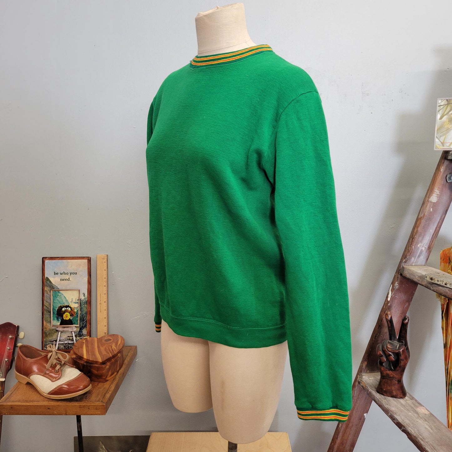 vtg 70s GREEN STRIPED SWEATSHIRT // vintage mens large retro orlon thick crewneck kurt cobain mod grunge sweater autumn casual fall style