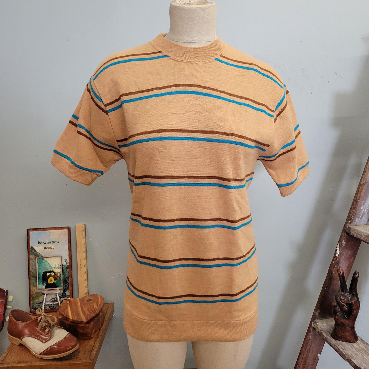 vtg 70s STRIPED SWEATER SHIRT // vintage towncraft penneys jc penney medium mens surf mod acylic neutral tones kurt cobain style autumn top