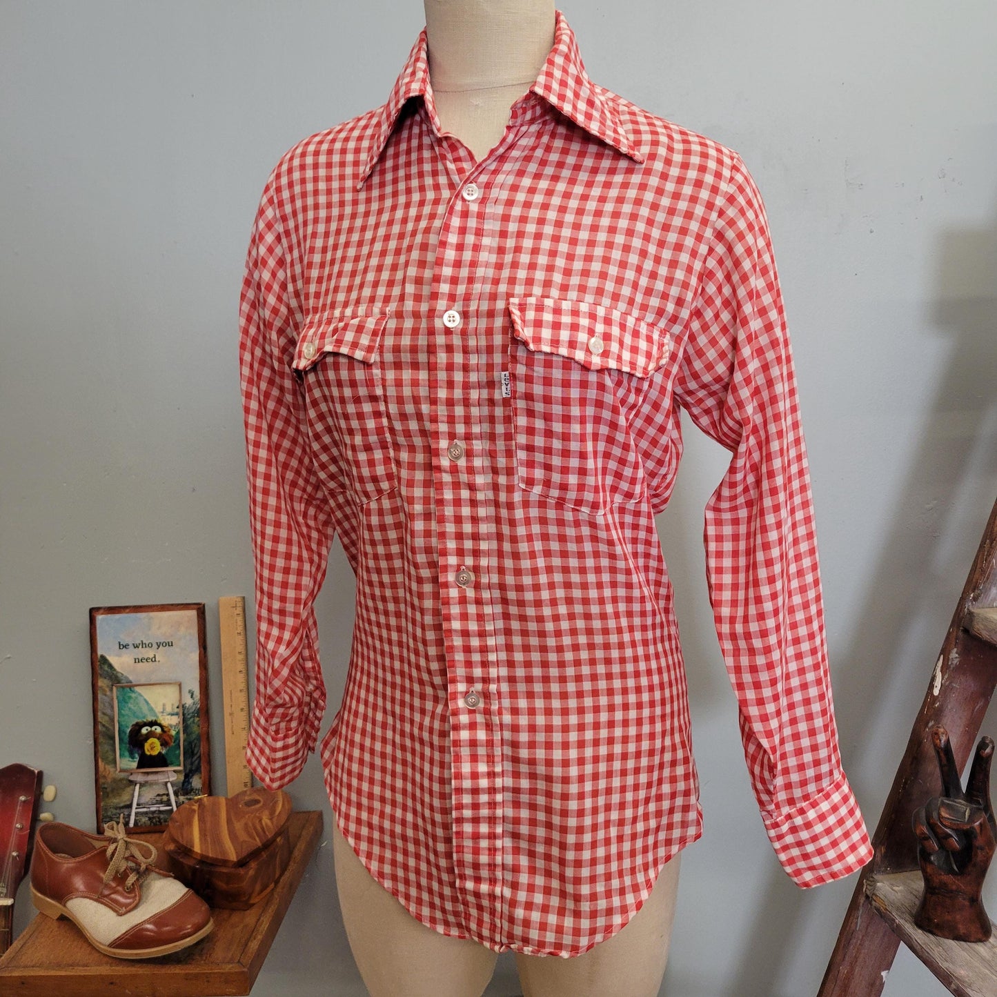 vtg 70s LEVIS GINHAM PLAID Shirt // vintage levi shirt small button down western hippie retro red plaid autumn fashion classic dress shirt