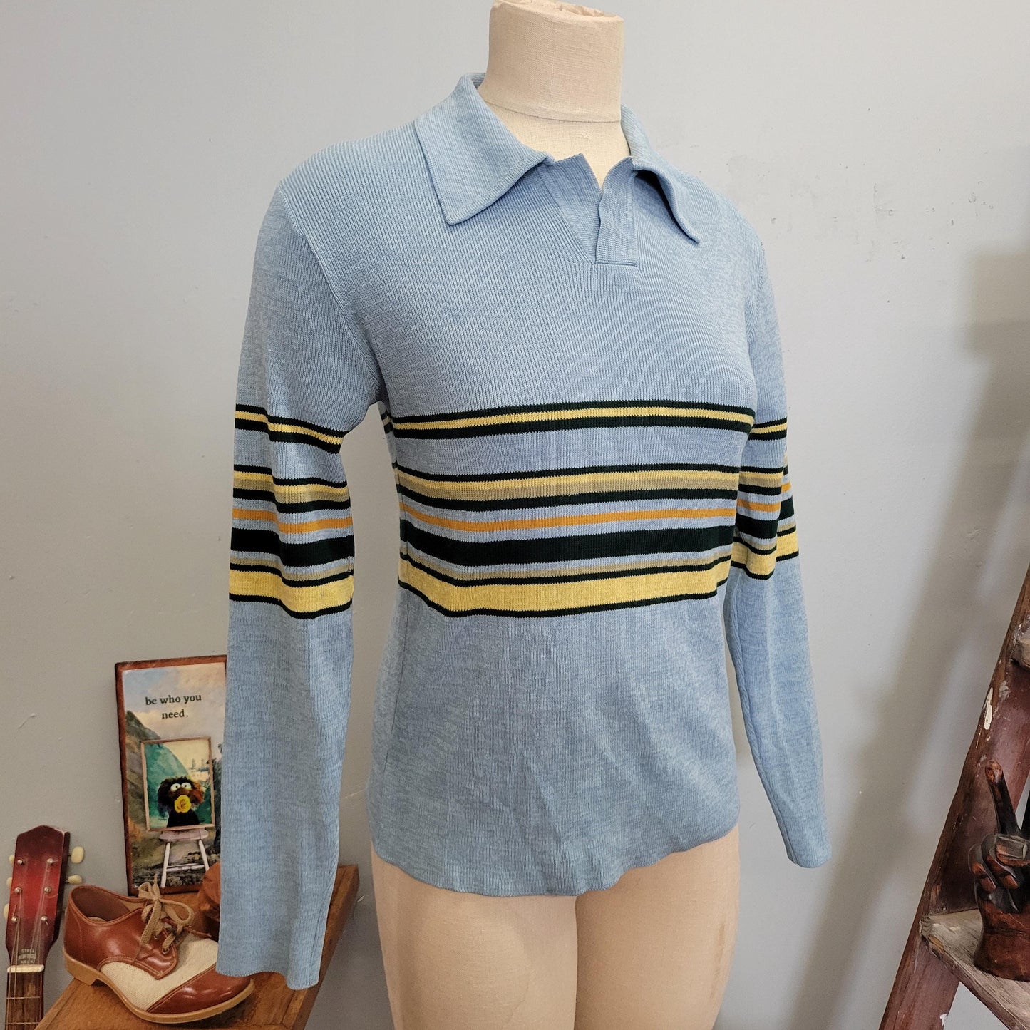 vtg 70s STRIPED COLLARED SWEATER // vintage medium womens retro baby blue yellow pointy collar kelso eric forman that 70s show mod hippie