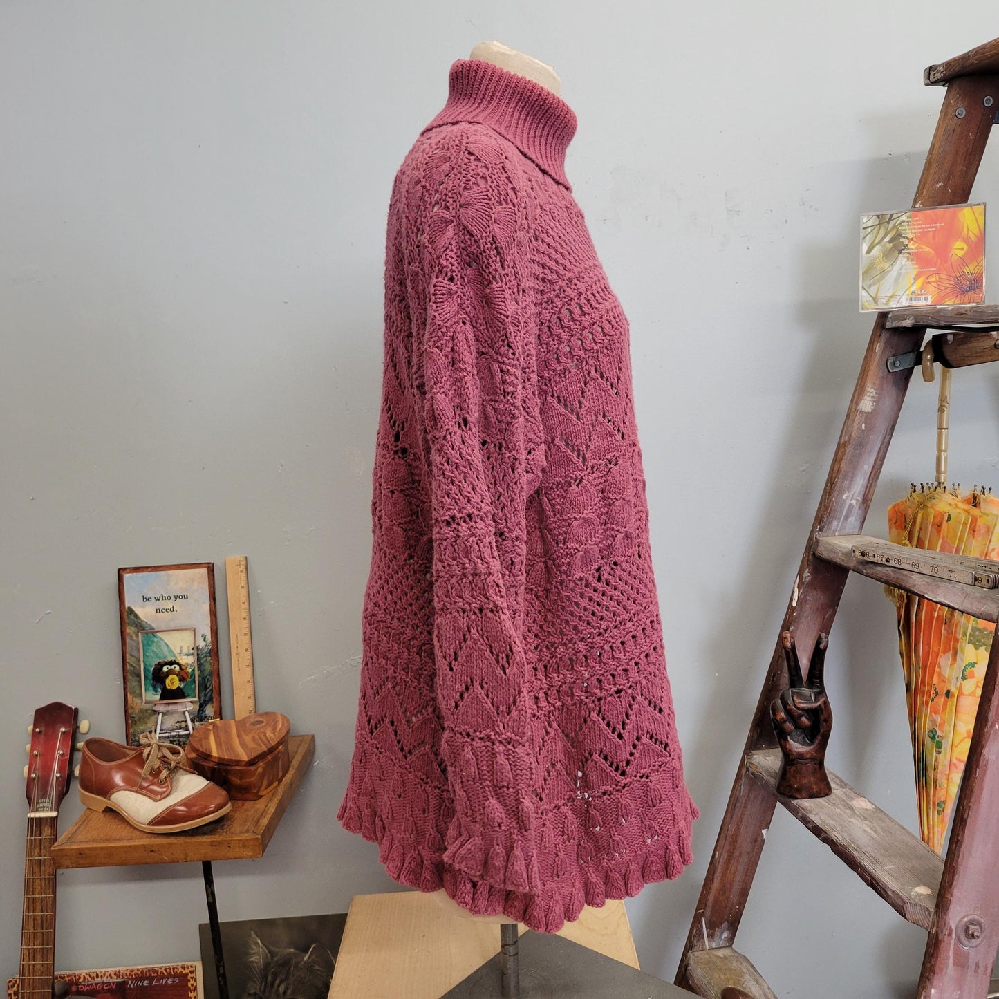 vtg 90s HAND KNIT SWEATER // vintage rosey mauve womens large oversized slouchy cowl neck slouchy sweater dress romantic casual cozy autumn