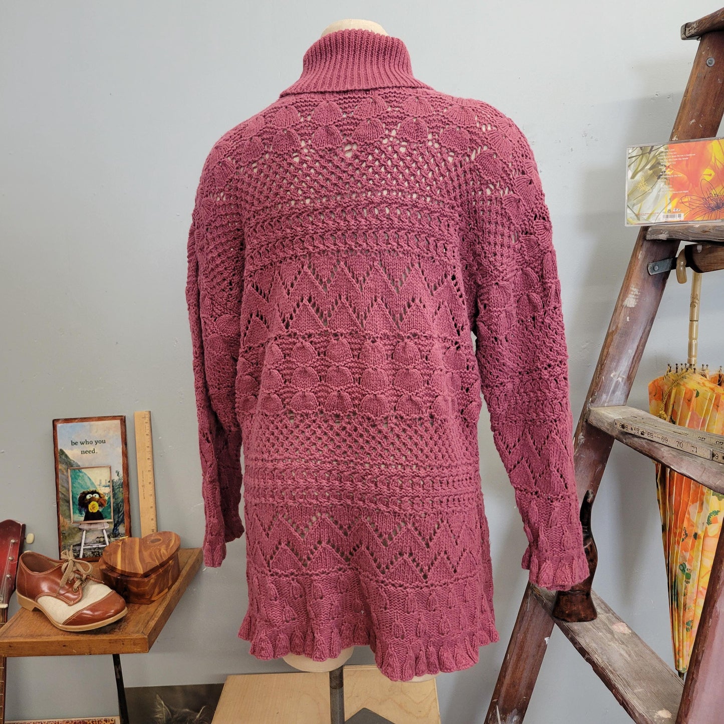 vtg 90s HAND KNIT SWEATER // vintage rosey mauve womens large oversized slouchy cowl neck slouchy sweater dress romantic casual cozy autumn