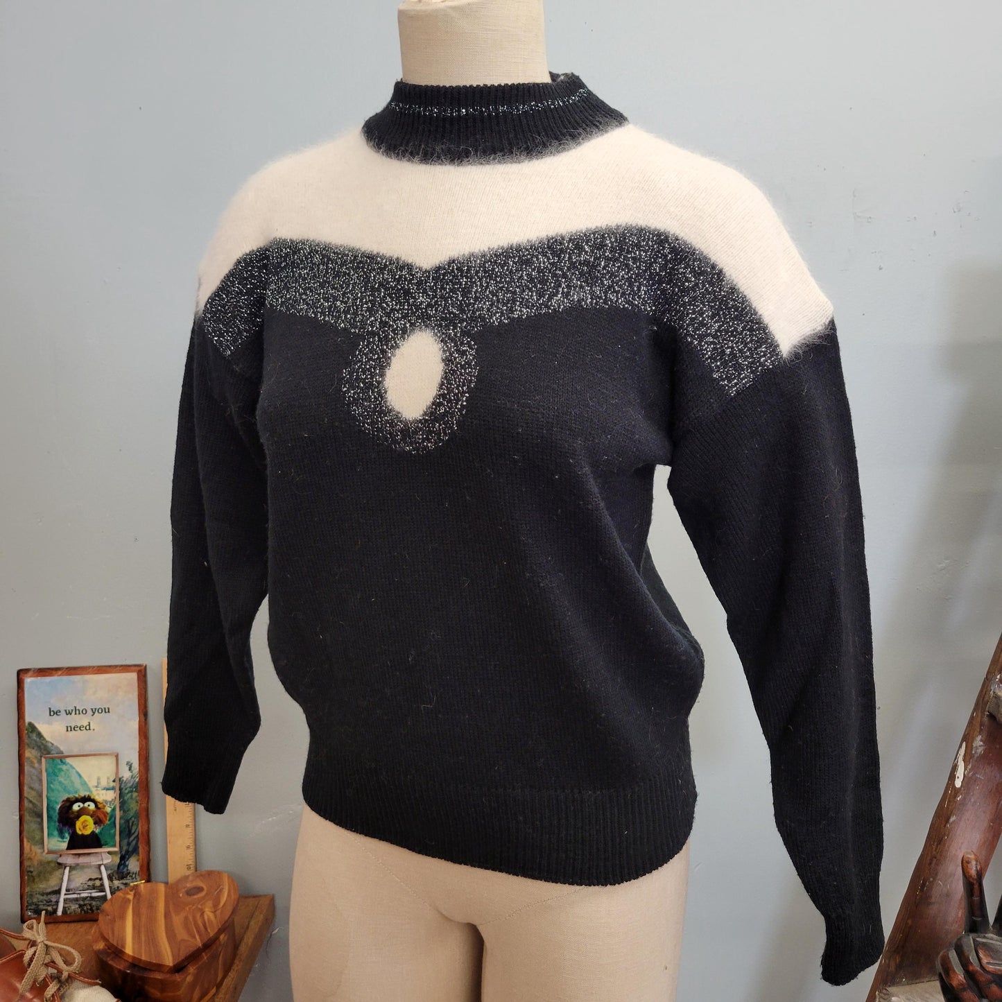 vtg 80s ANGORA SWEATER // vintage koret petites small womens furry black & white mock neck tapered cropped two tone lurex striped autumn top