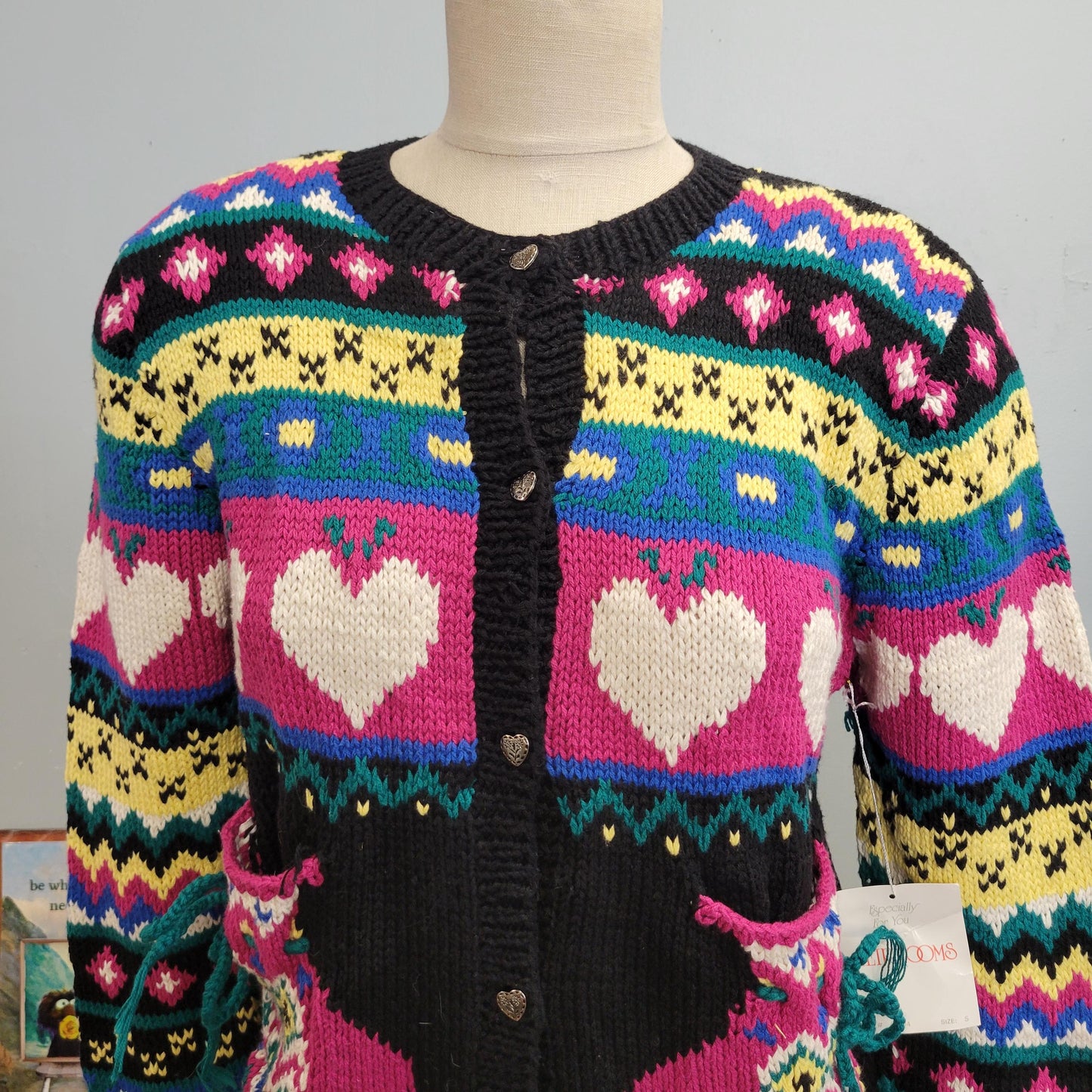 vtg 80s HEART MITTEN POCKETS Sweater // vintage small womens deadstock chunky xmas heirlooms festive winter abstract pattern hearts knit top