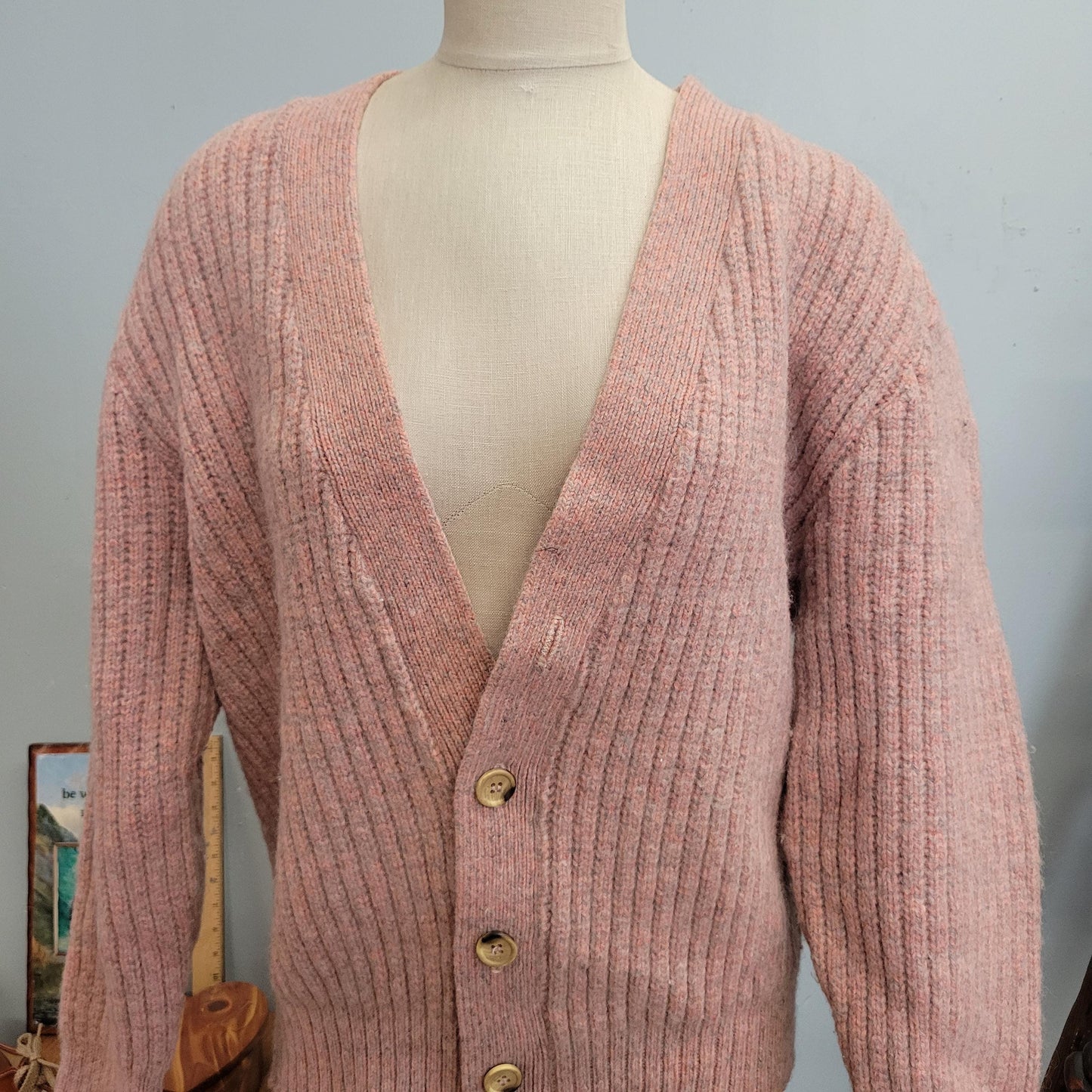 vtg 80s PASTEL MAUVE CARDIGAN // vintage womens large ribbed button up fuzzy thick chunky knit sweater warm cozy autumn winter oversized top