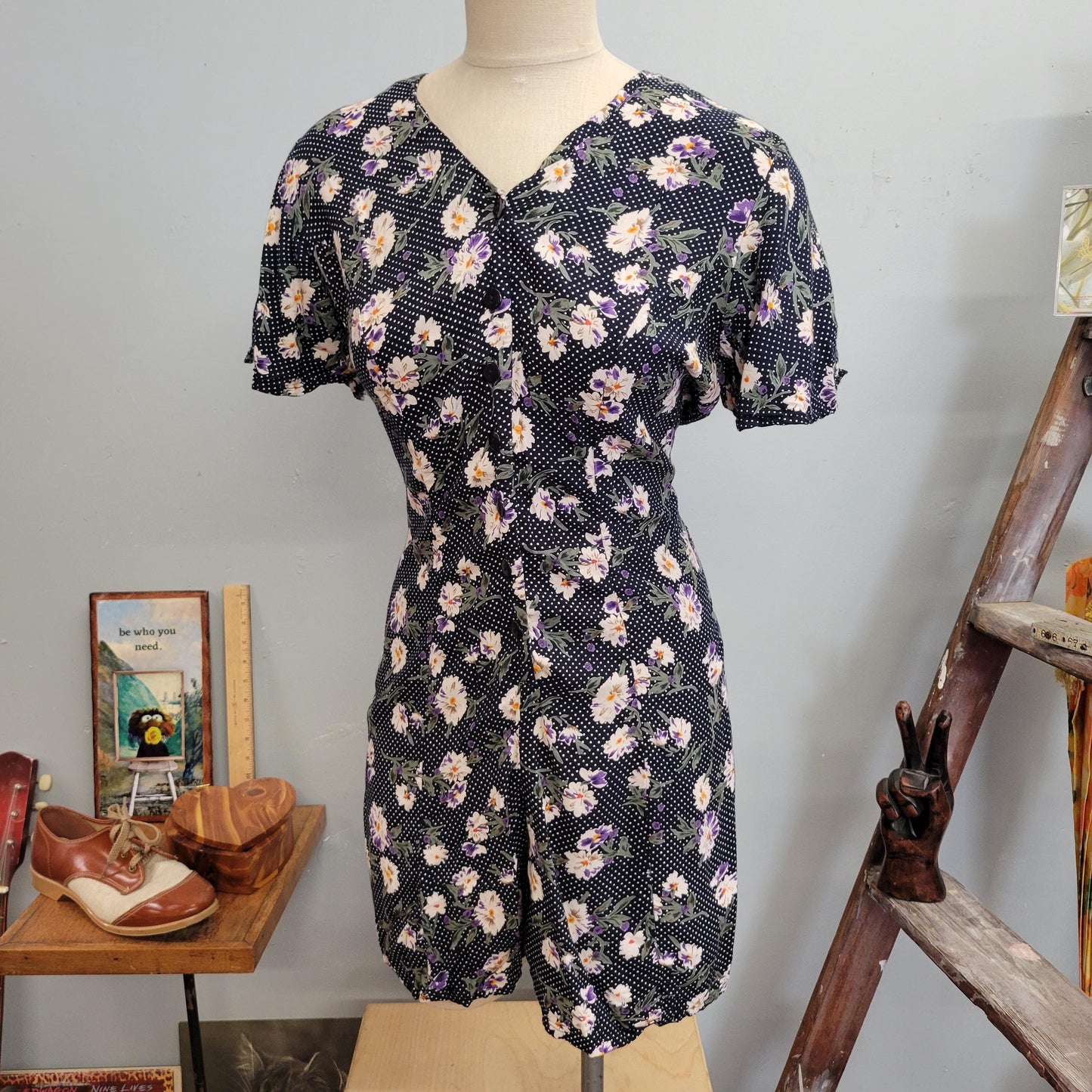 vtg 90s FLORAL RAYON ROMPER // vintage basic editions small v neck belted swiss dot cute flowy baby doll dress alternative doc martens dress