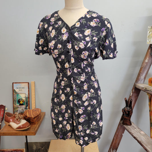 vtg 90s FLORAL RAYON ROMPER // vintage basic editions small v neck belted swiss dot cute flowy baby doll dress alternative doc martens dress