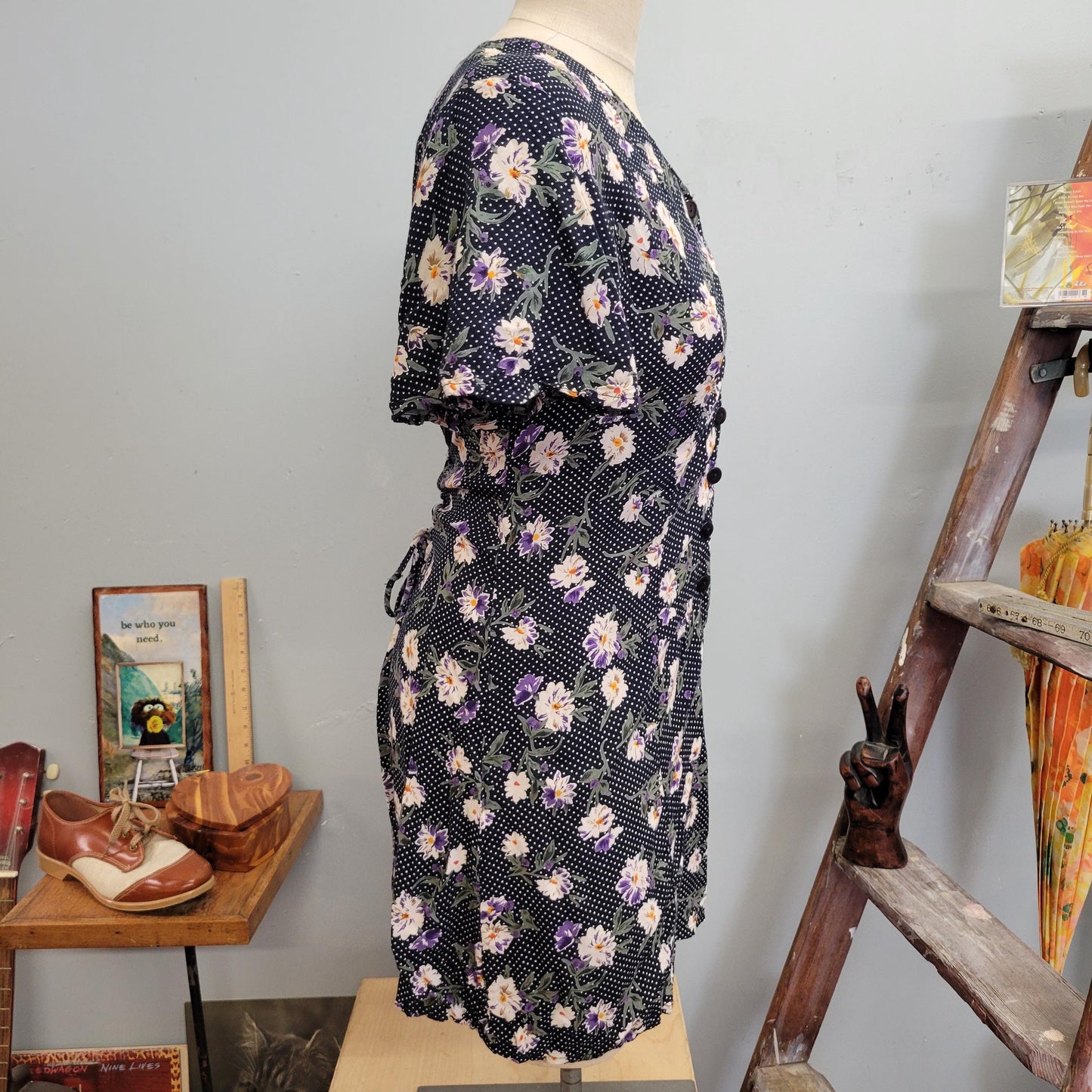 vtg 90s FLORAL RAYON ROMPER // vintage basic editions small v neck belted swiss dot cute flowy baby doll dress alternative doc martens dress