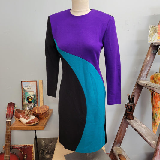 vtg 80s COLORBLOCK DRESS // vintage positive attitude 3/4 women’s medium swirl pattern retro psychedelic op art mod new wave shoulder pads