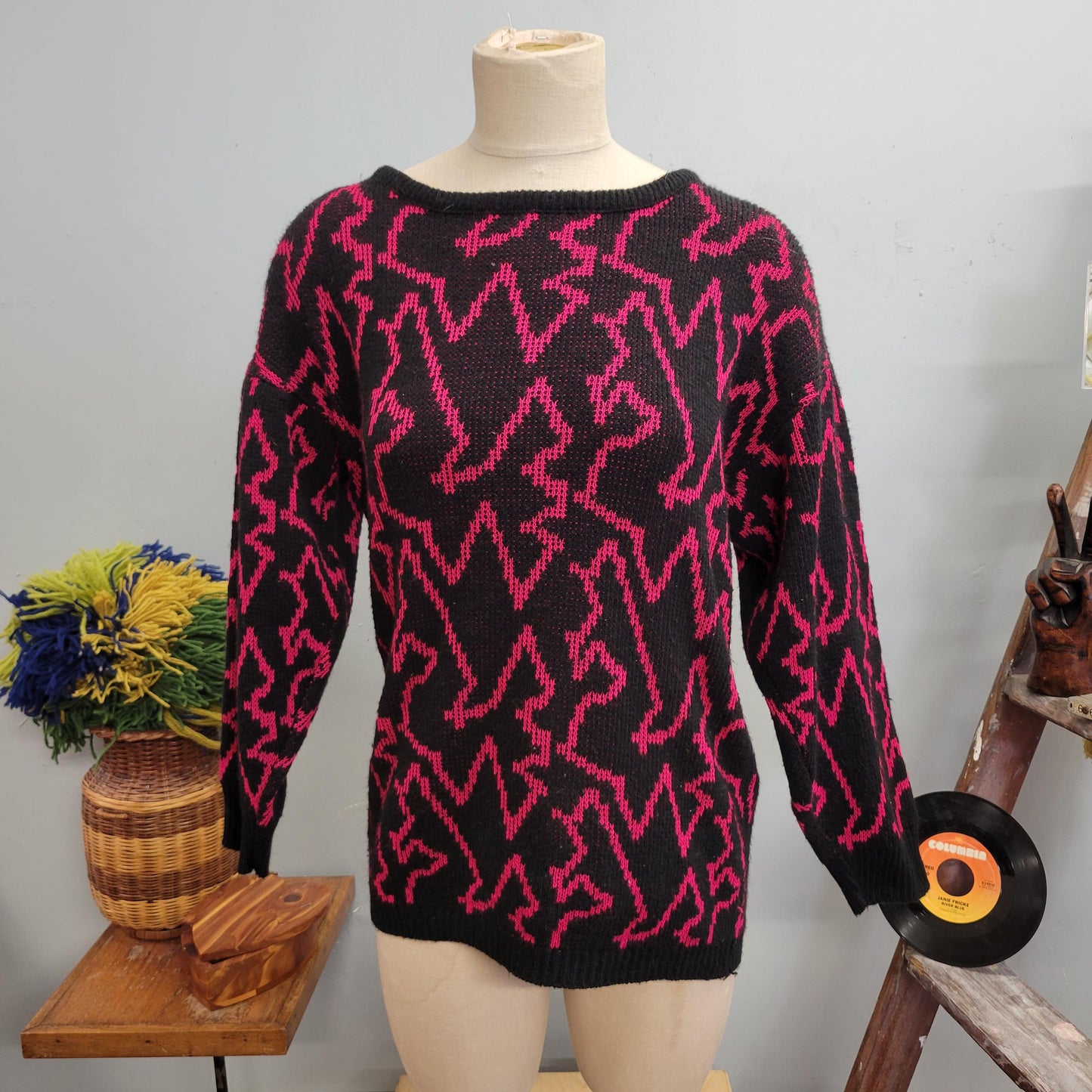vtg 80s ZIG ZAG SWEATER // vintage medium womens bright funky long retro purple black abstract pattern all over print casual fun maximalist