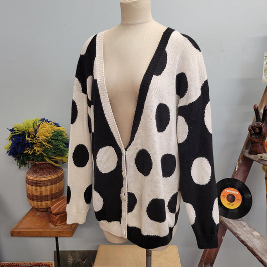 vtg 80s POLKA DOT CARDIGAN // vintage sweater international sportwear co 40/20w oversized slouchy op art deep v neck retro mod autumn style