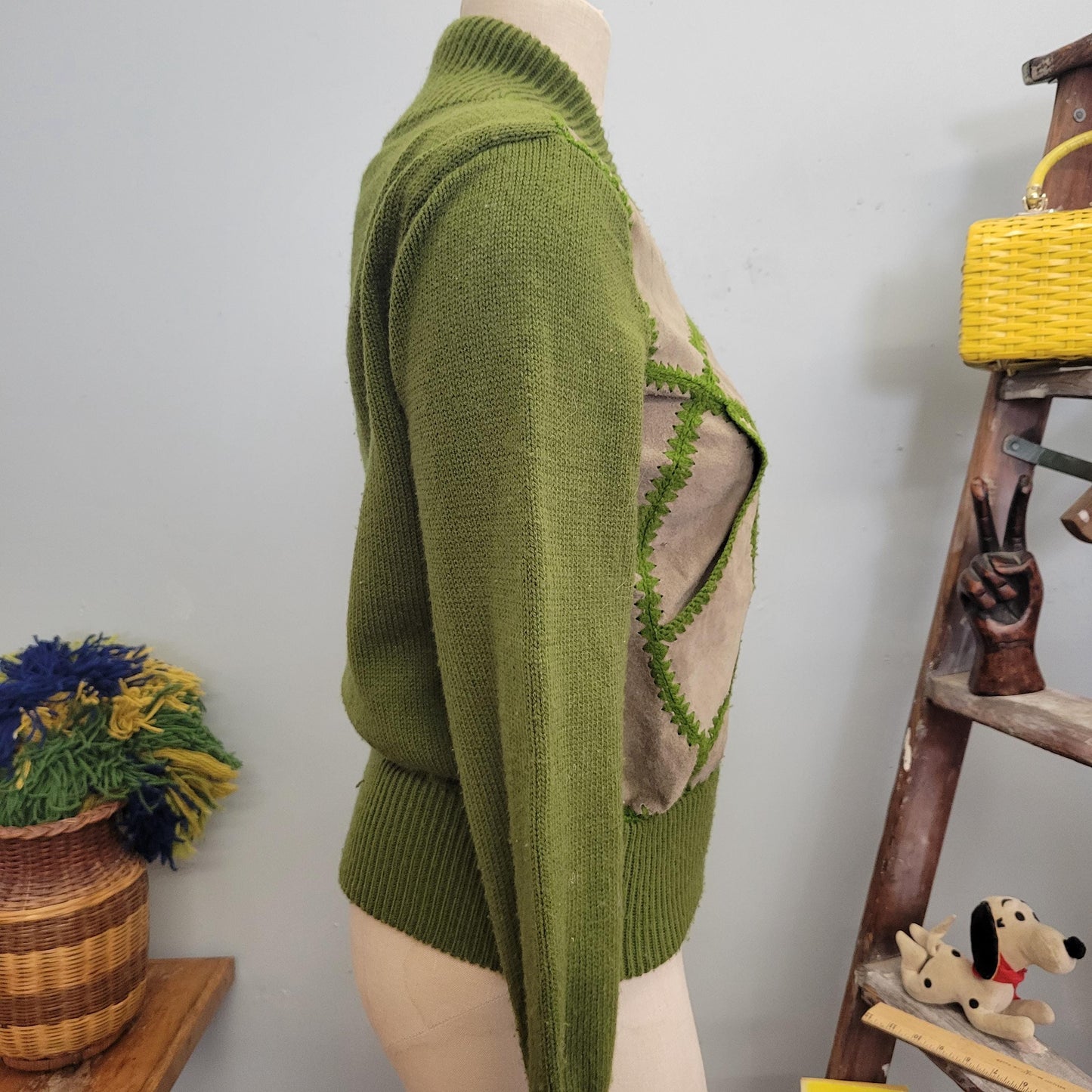 vtg 70s SUEDE KNIT JACKET // vintage medium womens sage green retro hippie boho zip up patchwork stitch cropped leather autumn vibes sweater