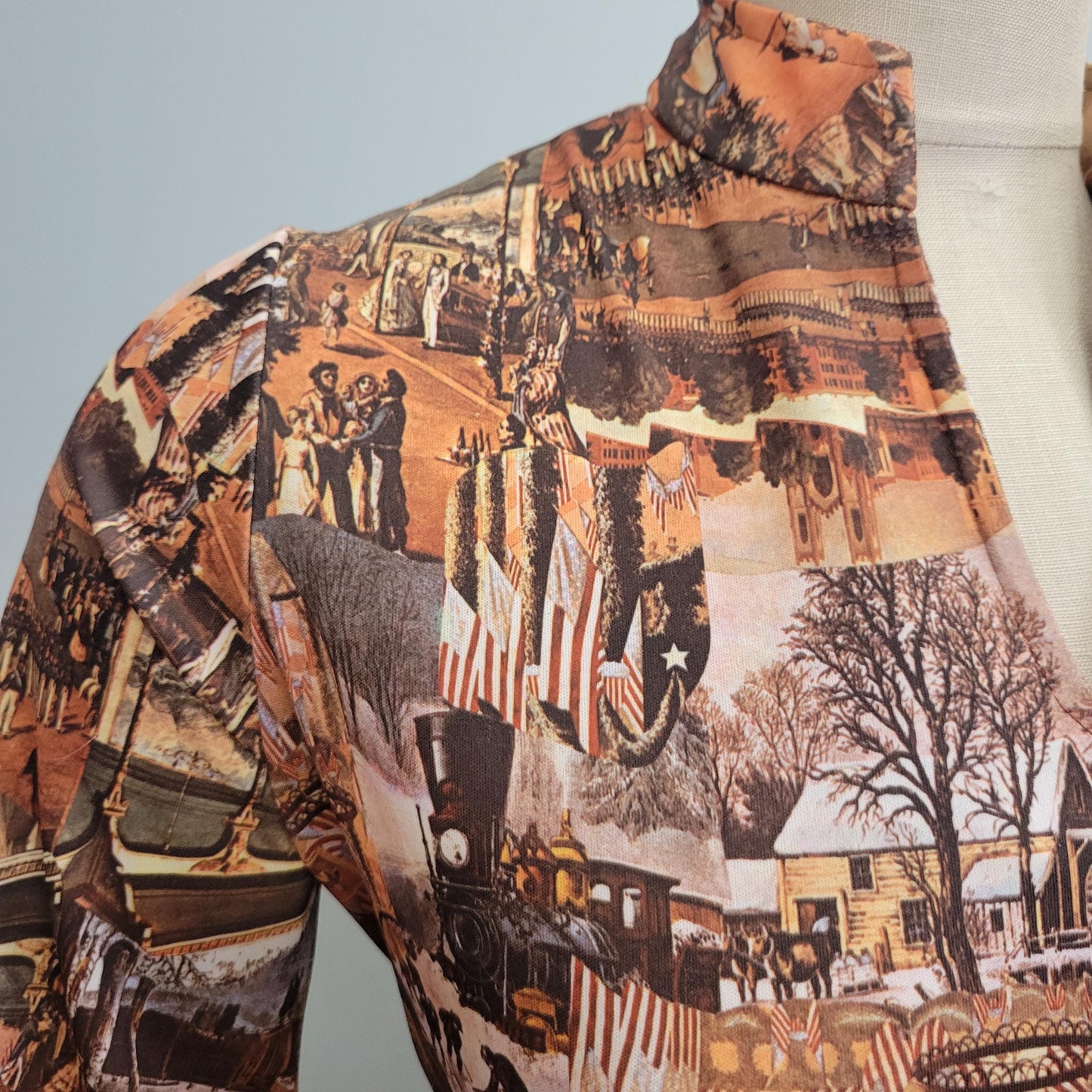 vtg 70s ALL OVER PRINT Top // vintage i.o.u. braxton blouse high collar v neck 3/4 sleeve retro autumn fall fashion hippie mod psychedelic