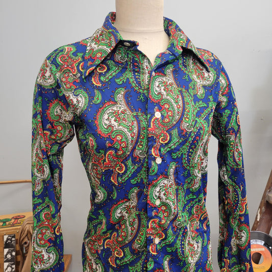 vtg 70s SILKY PSYCHEDELIC TOP // vintage button down medici medium womens abstract pattern pointy collar retro nylon disco hippie mod style