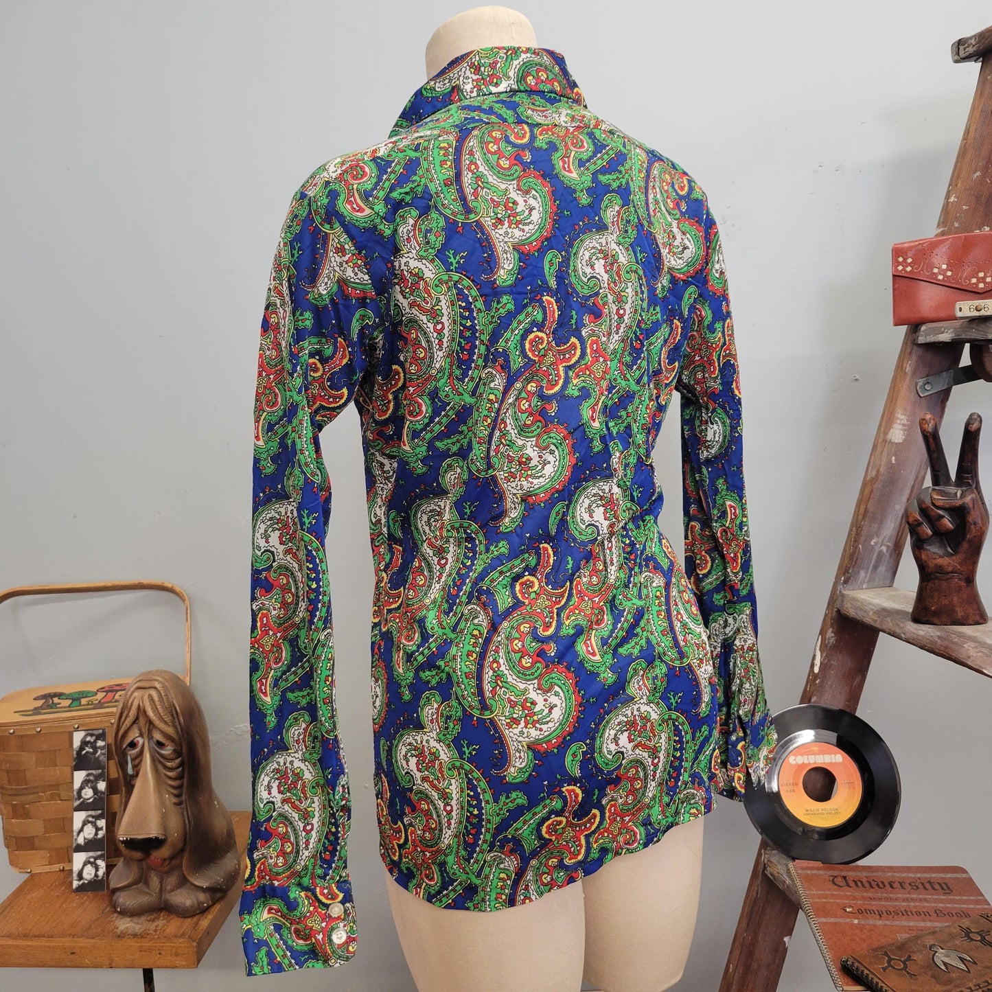 vtg 70s SILKY PSYCHEDELIC TOP // vintage button down medici medium womens abstract pattern pointy collar retro nylon disco hippie mod style