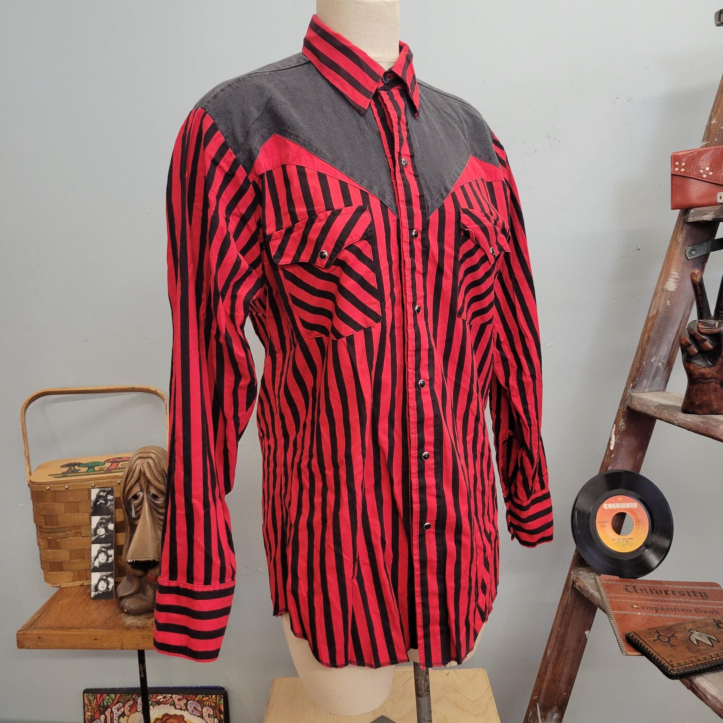 vtg 70s RED BLACK STRIPED Shirt // vintage button down ranch and town medium panhandle slim pinstriped western snap up 15.5 rockabilly top L