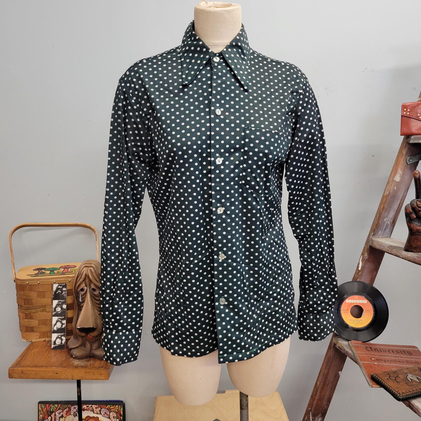 vtg 70s GREEN POLKA DOT top / vintage joel medium button down blouse retro hippie disco pointy collar festive fall autumn winter fashion top