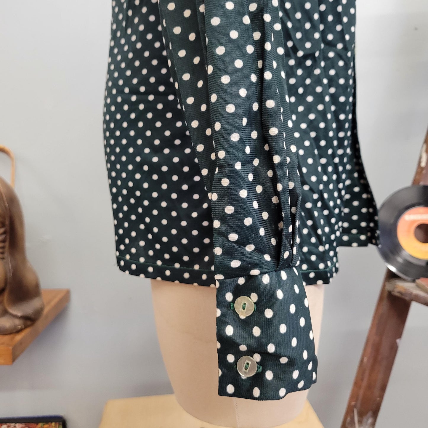 vtg 70s GREEN POLKA DOT top / vintage joel medium button down blouse retro hippie disco pointy collar festive fall autumn winter fashion top