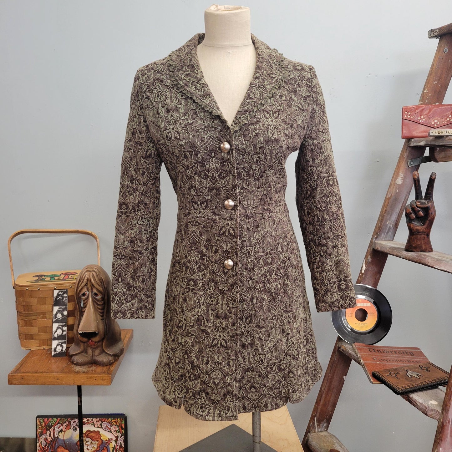 vtg 90s PATTERNED DUSTER JACKET // vintage papillon small womens structured sleek phoebe friends sophisticated casual autumn trench duster