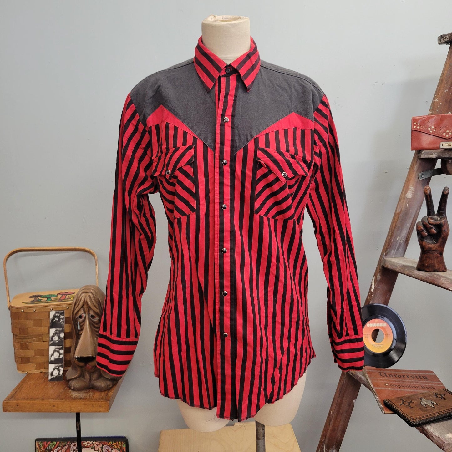 vtg 70s RED BLACK STRIPED Shirt // vintage button down ranch and town medium panhandle slim pinstriped western snap up 15.5 rockabilly top L