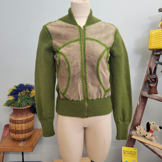 vtg 70s SUEDE KNIT JACKET // vintage medium womens sage green retro hippie boho zip up patchwork stitch cropped leather autumn vibes sweater