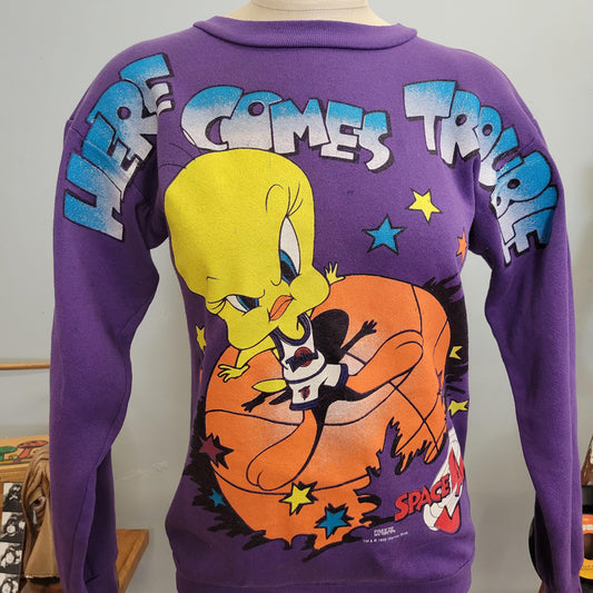 vtg 90s SPACE JAM SWEATSHIRT // vintage looney tunes warner bros youth xl tweety bird purple crewneck basketball michael jordan movie promo