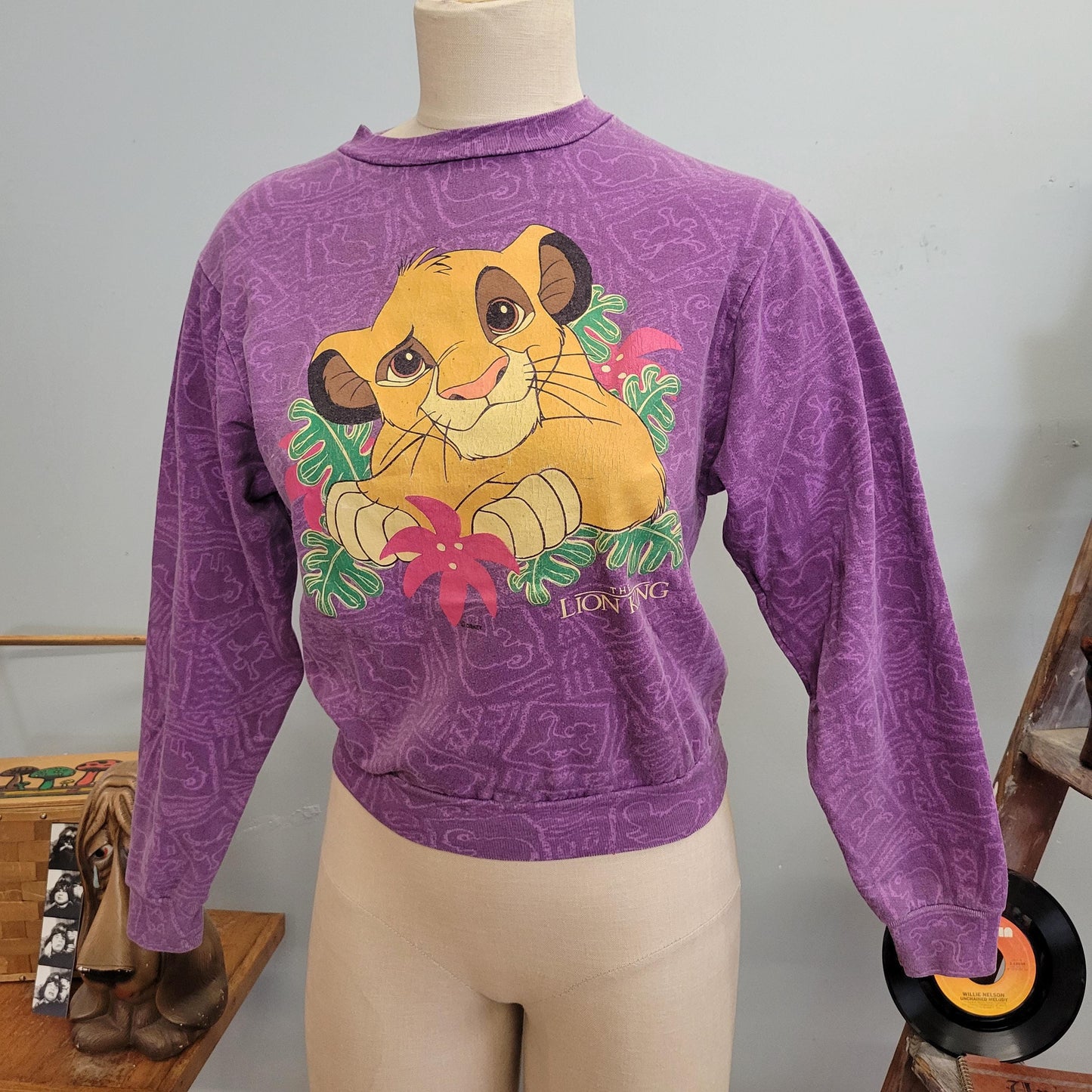 vtg 90s LION KING SWEATSHIRT // vintage disney youth xl simba chillin purple unisex small autumn fashion cute africa pattern all over print
