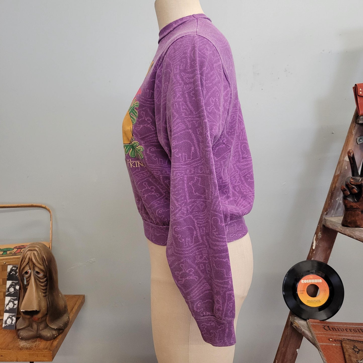 vtg 90s LION KING SWEATSHIRT // vintage disney youth xl simba chillin purple unisex small autumn fashion cute africa pattern all over print