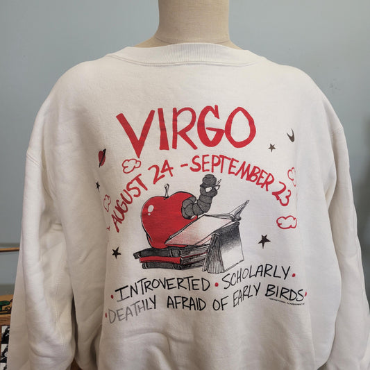 vtg 80s VIRGO SWEATSHIRT / vintage national screenprint xl astrology zodiac funny saying bookworm afraid of early birds oversized casual fit