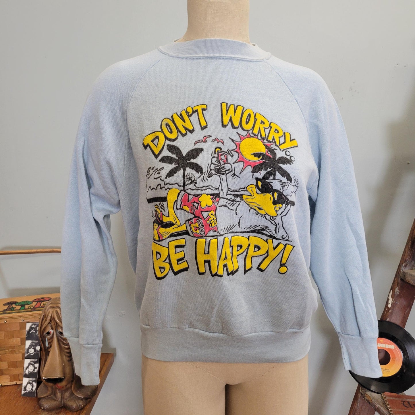 vtg 80s DONT WORRY Be HAPPY Sweatshirt // vintage vertex large don’t worry be happy duck vacation hang loose chill out cartoon funny shirt
