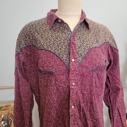 vtg 70s WESTERN BUTTON DOWN // vintage madman large mens rodeo western cowboy hippie retro ranch wear calico floral pattern oxford blouse
