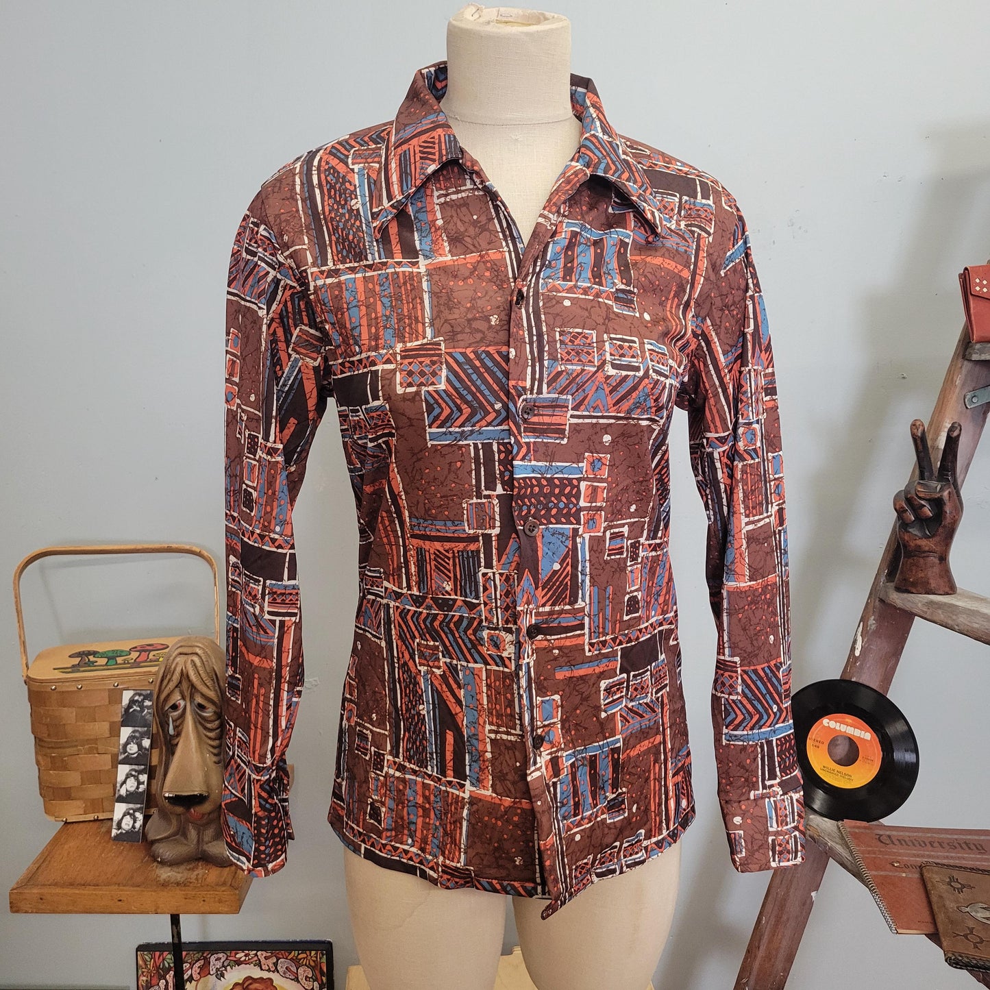 vtg 70s PATTERNED SILKY BLOUSE // vintage button down kmart medium mens abstract psychedelic pointy collar retro hippie disco mod autumn top