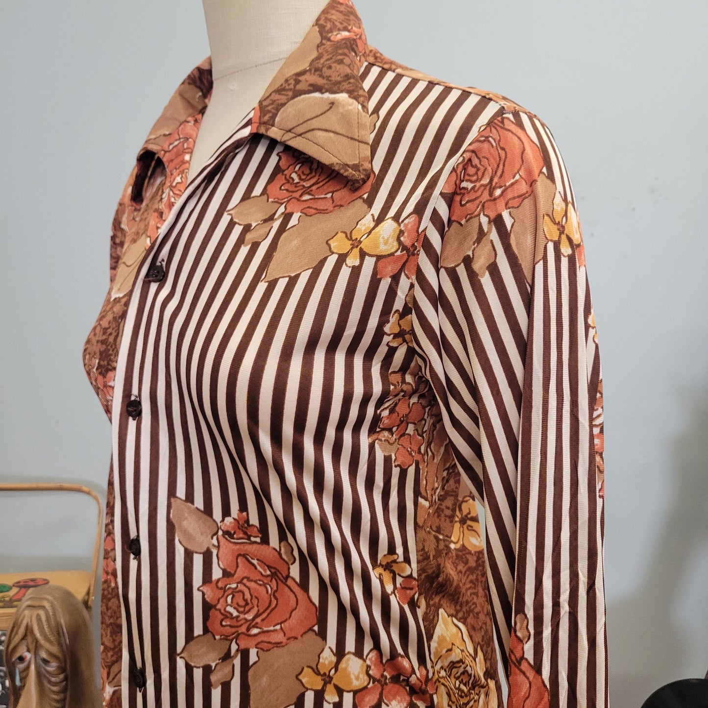 vtg 70s FLORAL STRIPED BLOUSE / vintage silky button down styled in california medium op art hippie disco psychedelic retro rose pattern top