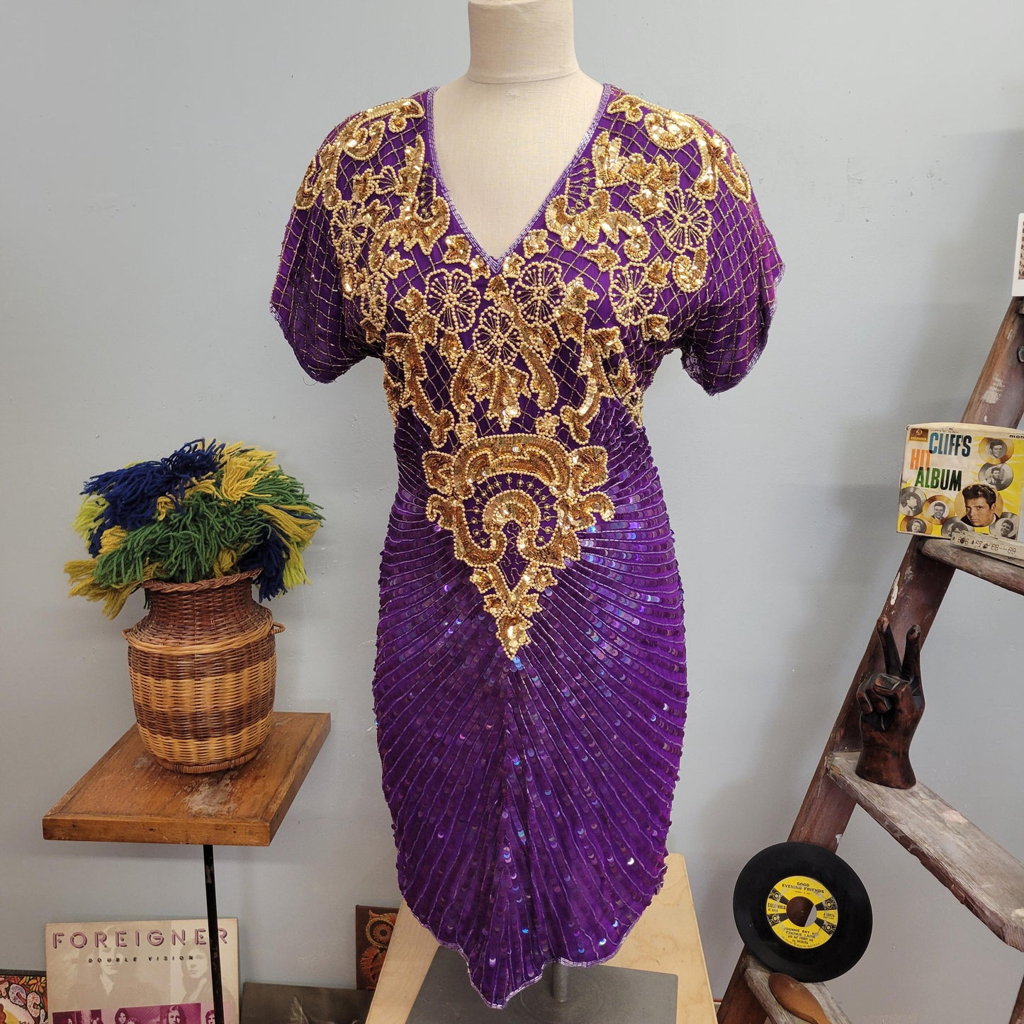 vtg 80s BEADED SILK DRESS // vintage pantagis medium womens gold fully sequined purple jewel statement avant garde dynasty style party event