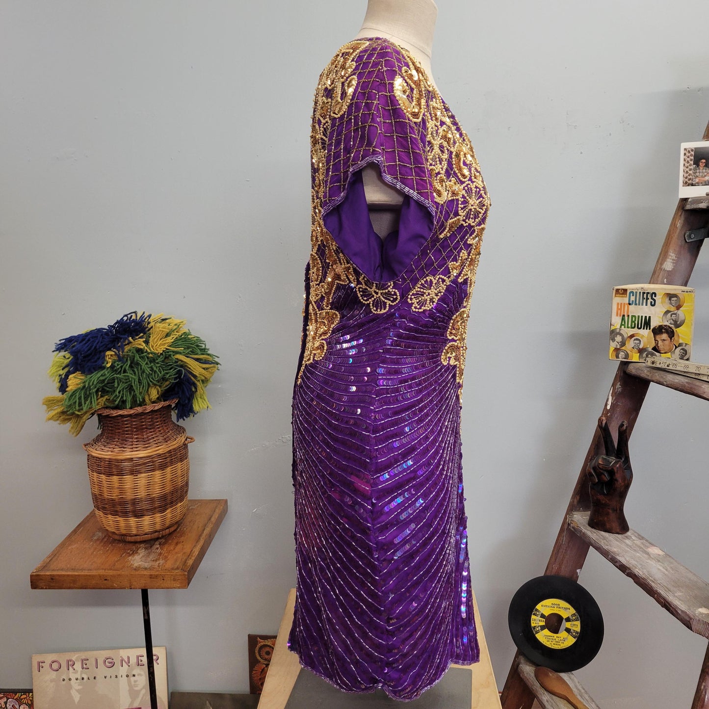 vtg 80s BEADED SILK DRESS // vintage pantagis medium womens gold fully sequined purple jewel statement avant garde dynasty style party event