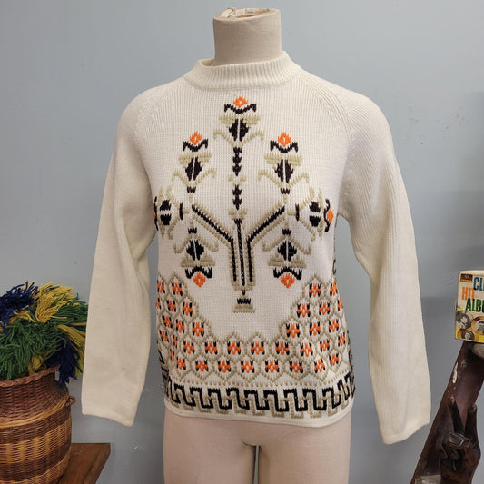 vtg 70s ABSTRACT EMBROIDERED SWEATER // vintage miss holly medium autumn tones ornate floral stitch mockneck creamy beige orange retro style