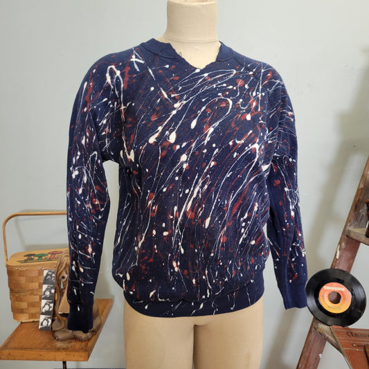 vtg 80s PAINT SPLATTER SWEATSHIRT // vintage ultra fleece tultex xl soft puff paint distressed abstract pattern navy blue autumn cozy top