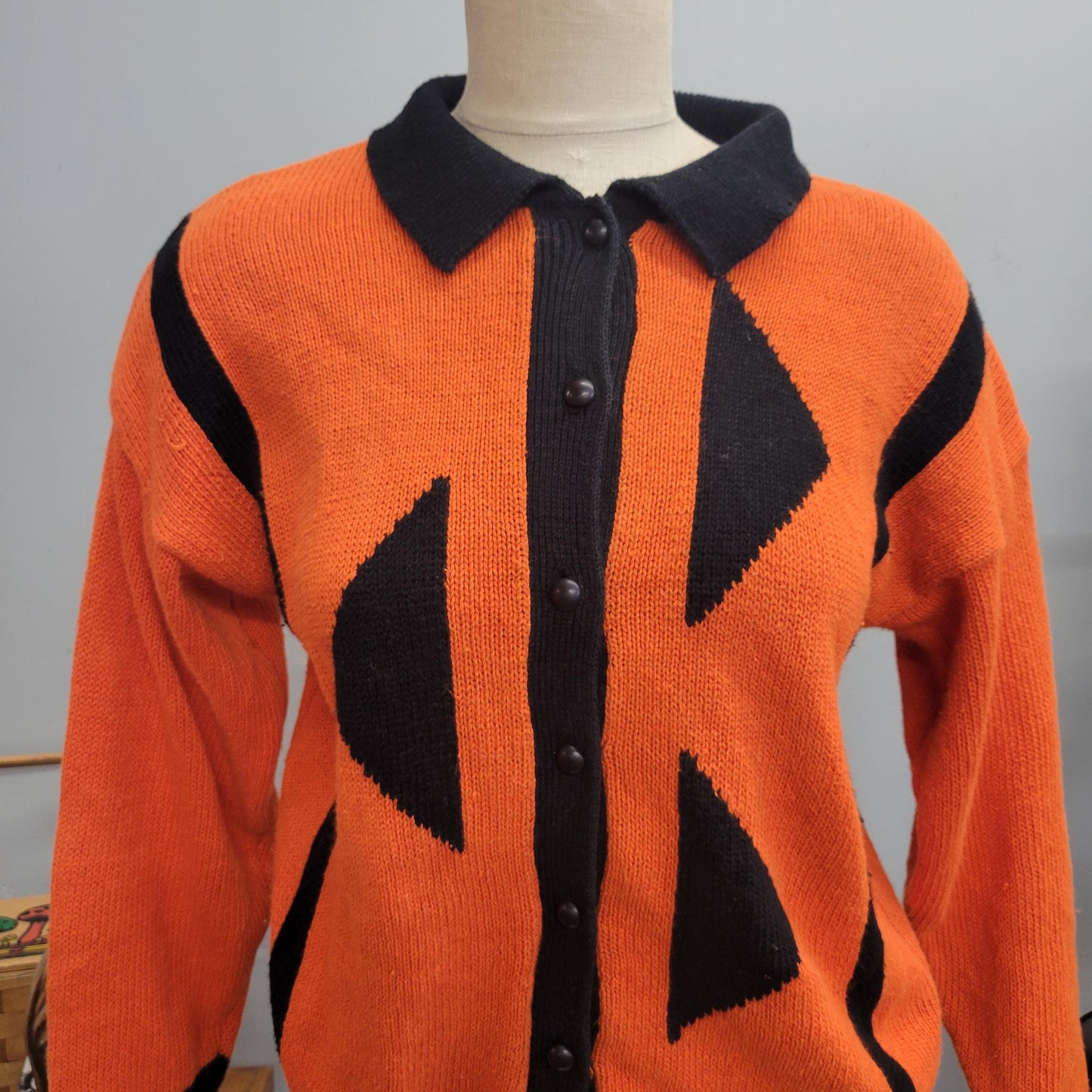vtg 80s JACK O’LANTERN Sweater // vintage michael carrie medium halloween pumpkin knit cardigan Halloween orange black sweater retro festive