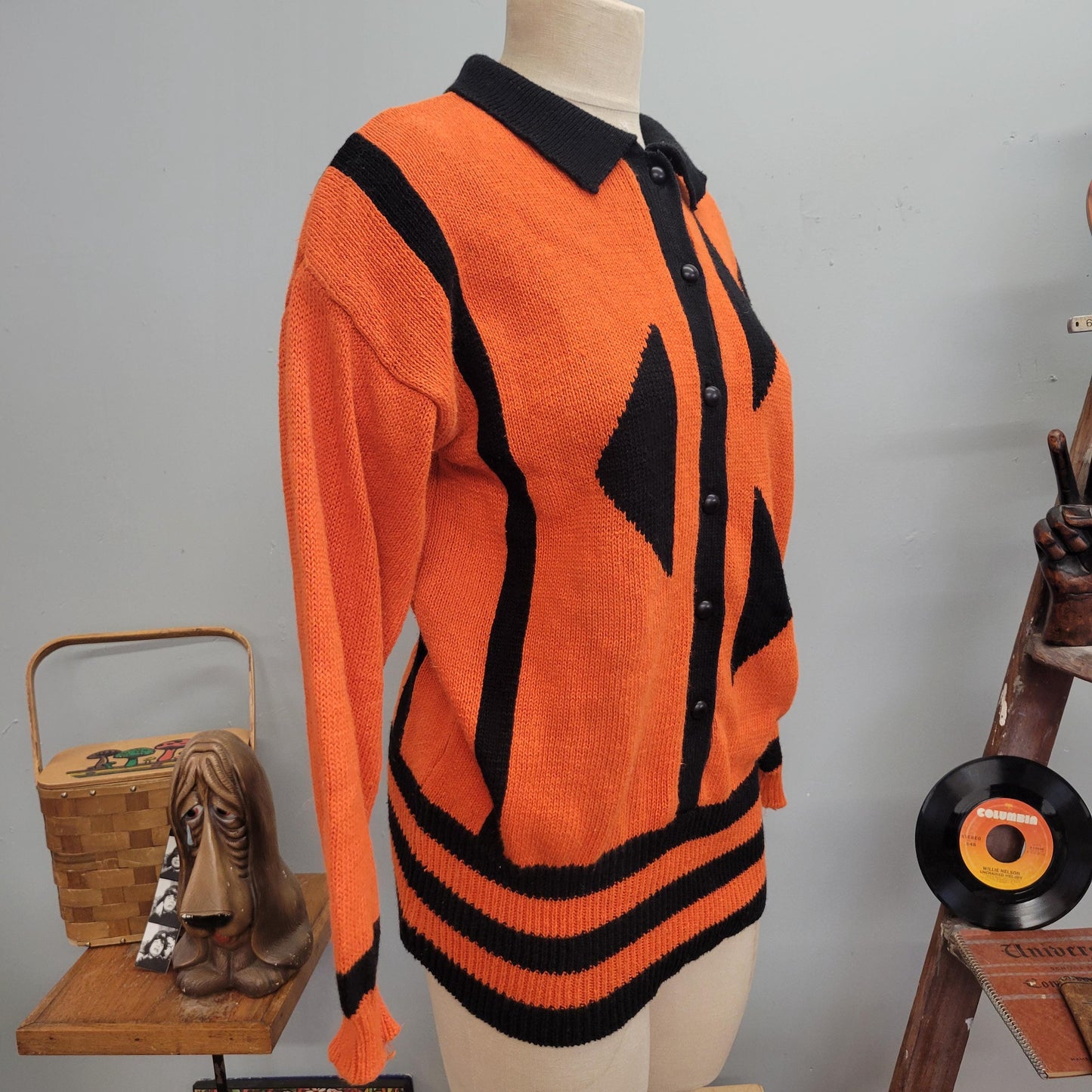 vtg 80s JACK O’LANTERN Sweater // vintage michael carrie medium halloween pumpkin knit cardigan Halloween orange black sweater retro festive