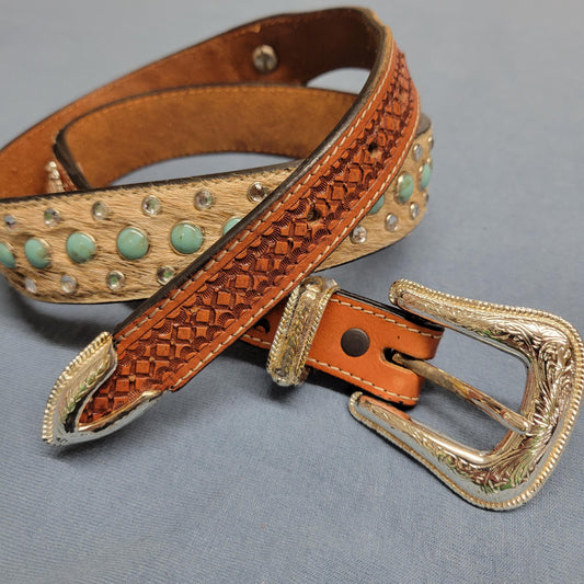 vtg 70s COW FUR BELT // vintage leather size 32 unisex bling leather belt turquoise bejeweled western rodeo conch cowgirl retro hippie biker