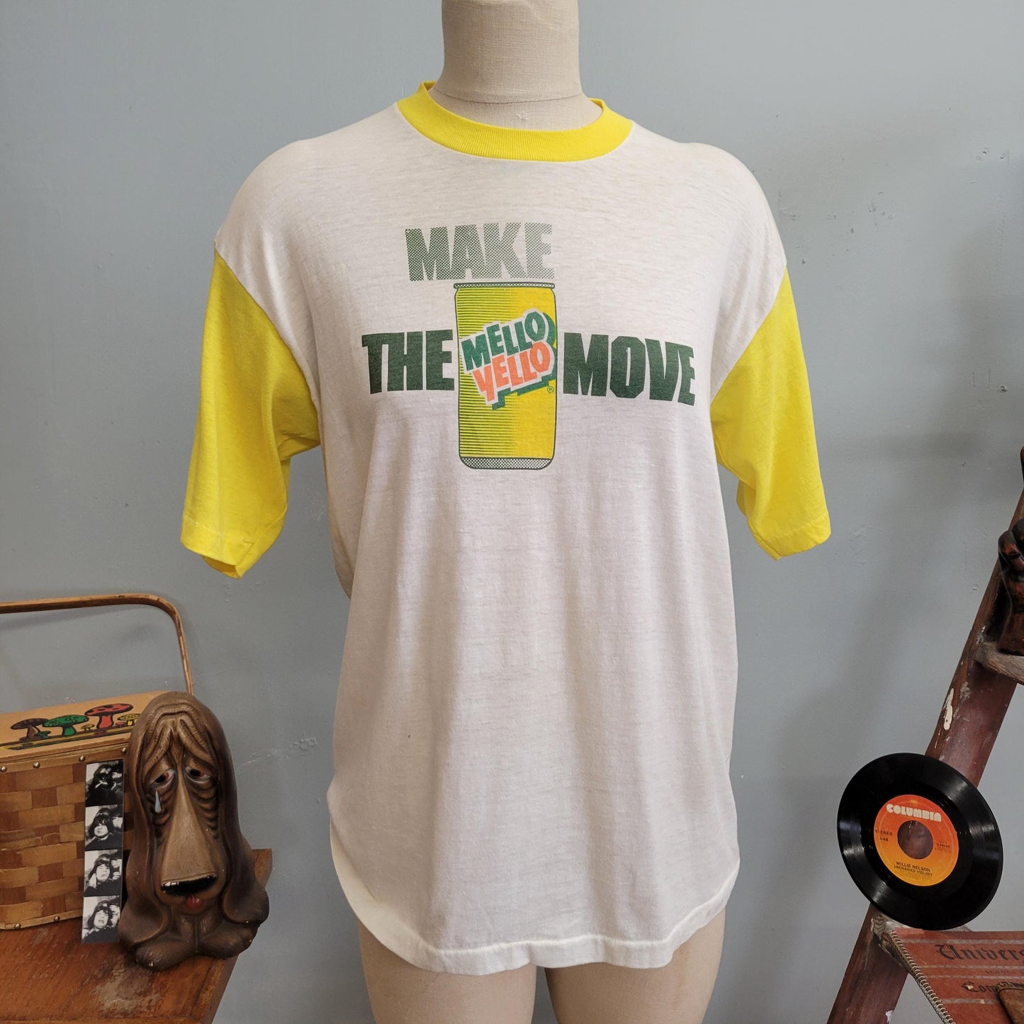 vtg 80s MELLO YELLO TSHIRT // vintage paper thin ringer signal xl Mountain Dew pepsi retro throwback soda pop