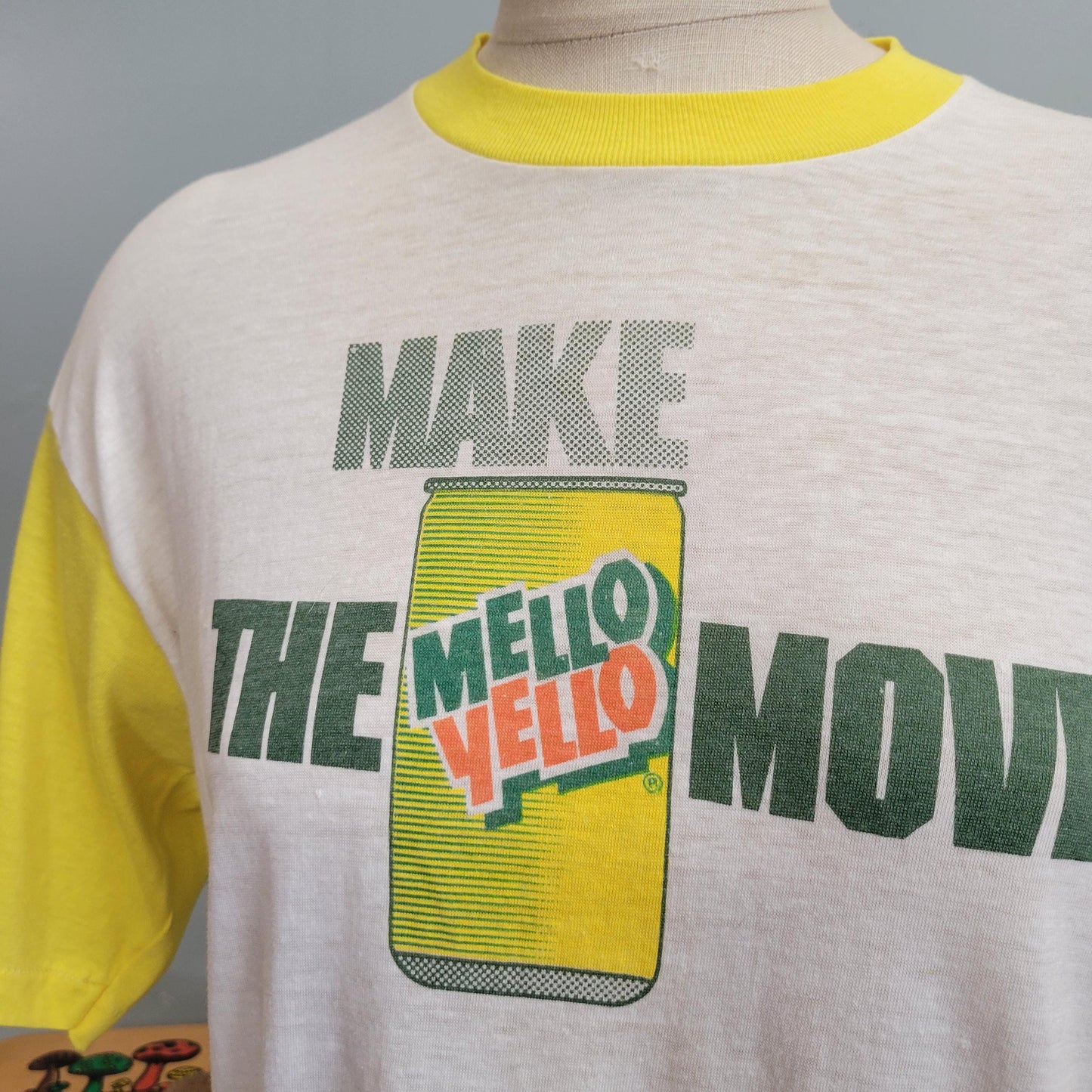 vtg 80s MELLO YELLO TSHIRT // vintage paper thin ringer signal xl Mountain Dew pepsi retro throwback soda pop