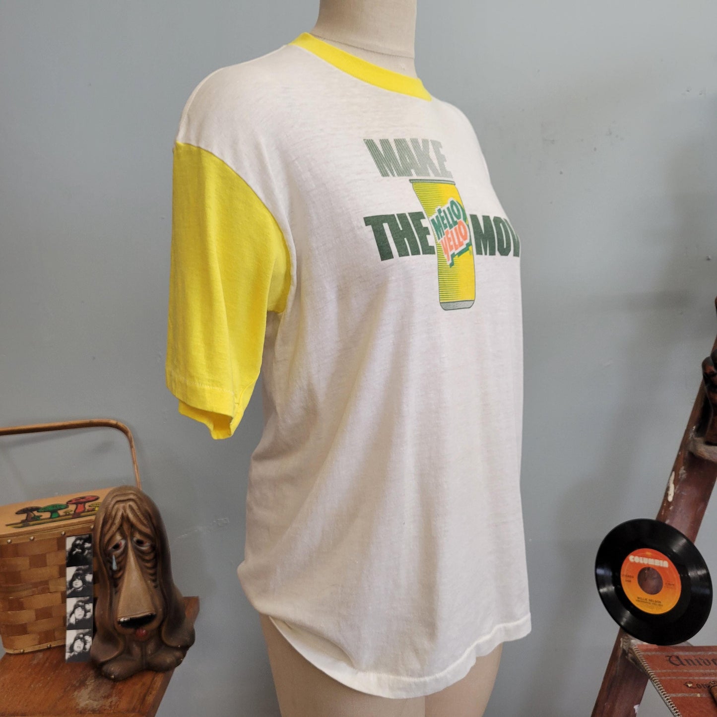 vtg 80s MELLO YELLO TSHIRT // vintage paper thin ringer signal xl Mountain Dew pepsi retro throwback soda pop