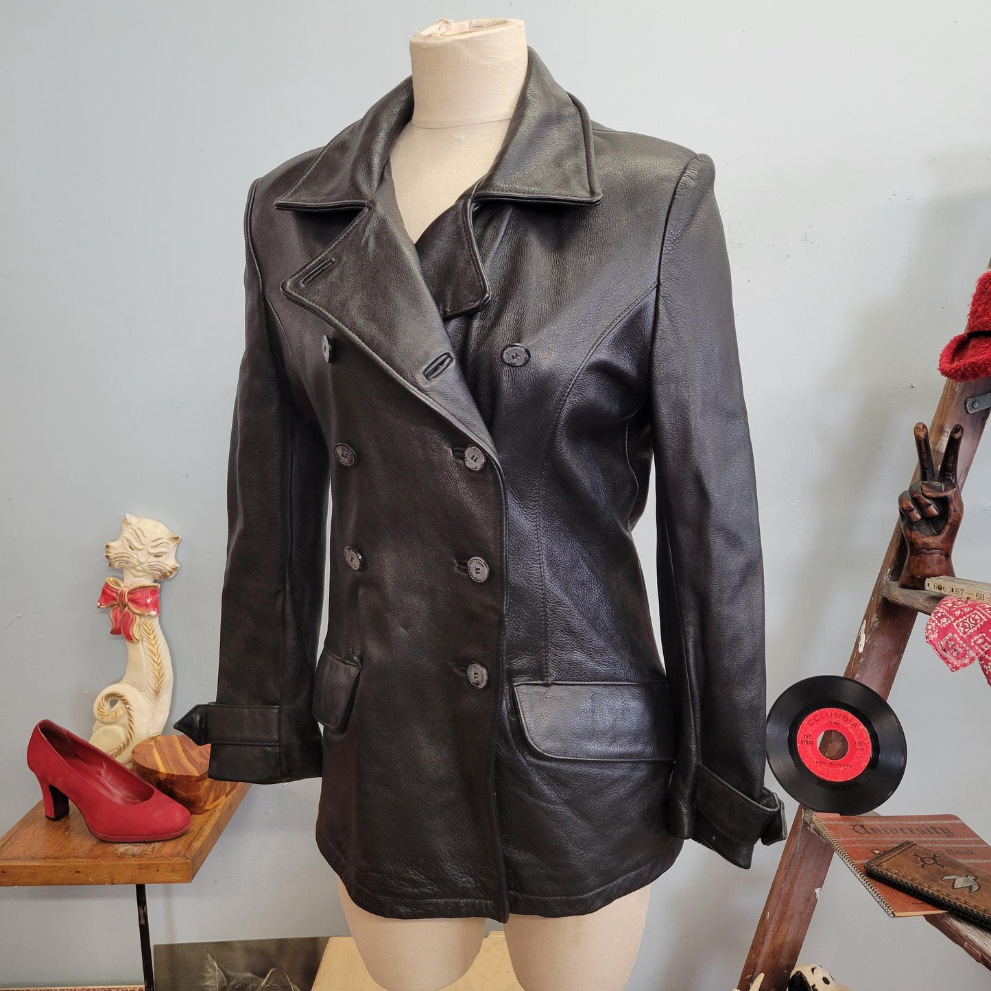 vtg 90s BLACK LEATHER JACKET // vintage wilsons medium womens sleek double breasted pointy collar classic autumn slicker minimalist style